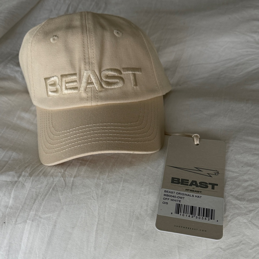 Mr Beast Embroidered Cap in Off White
